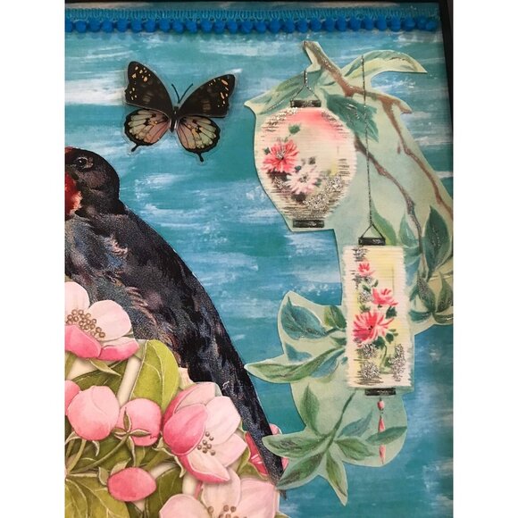 Retro Blue Birds Orange Cat Flowers Floral Framed Handmade Collage Wall Art OOAK - Picture 3 of 7